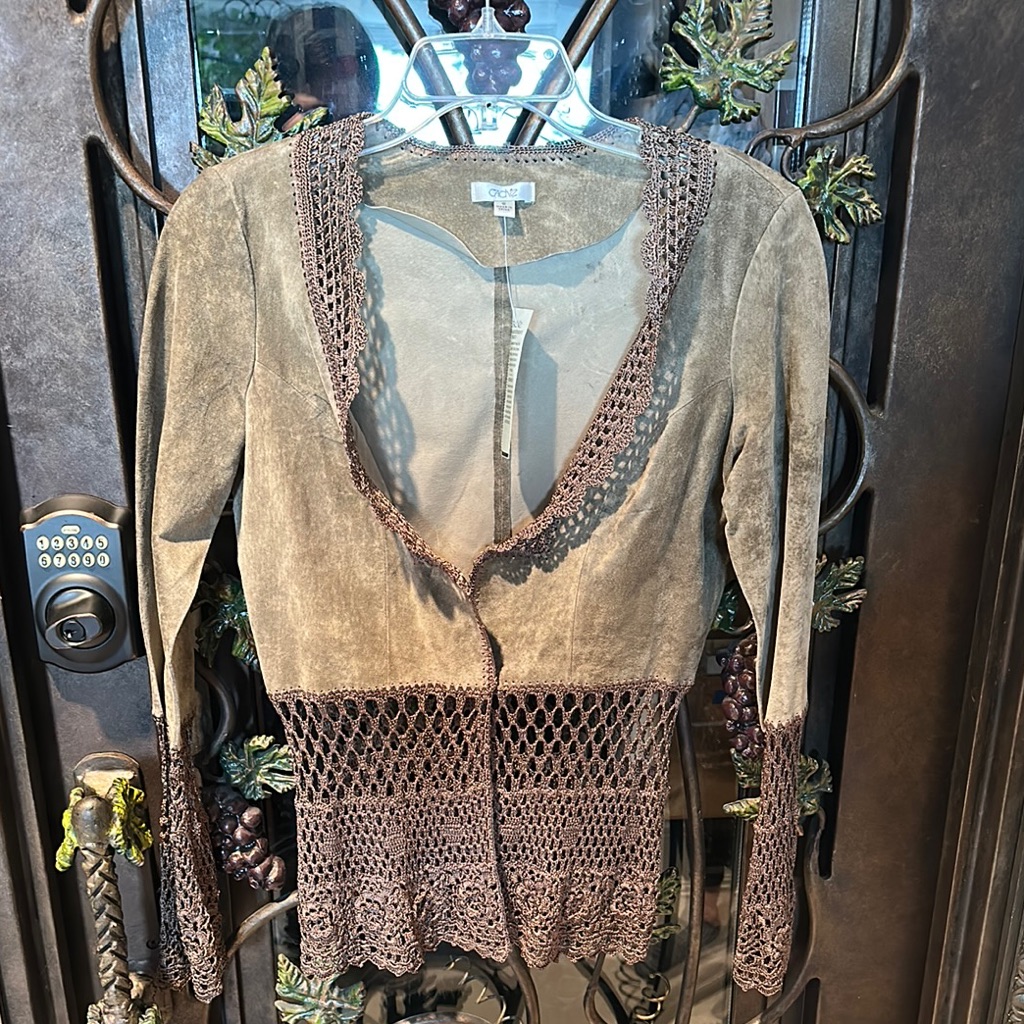 Cache Olive Green Suede Jacket With Crochet Details